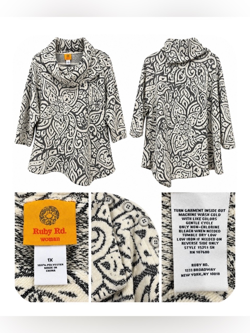 Ruby Rd Woman 1X Paisley Cowl Neck Tunic Top Cream Black 3/4 Sleeve